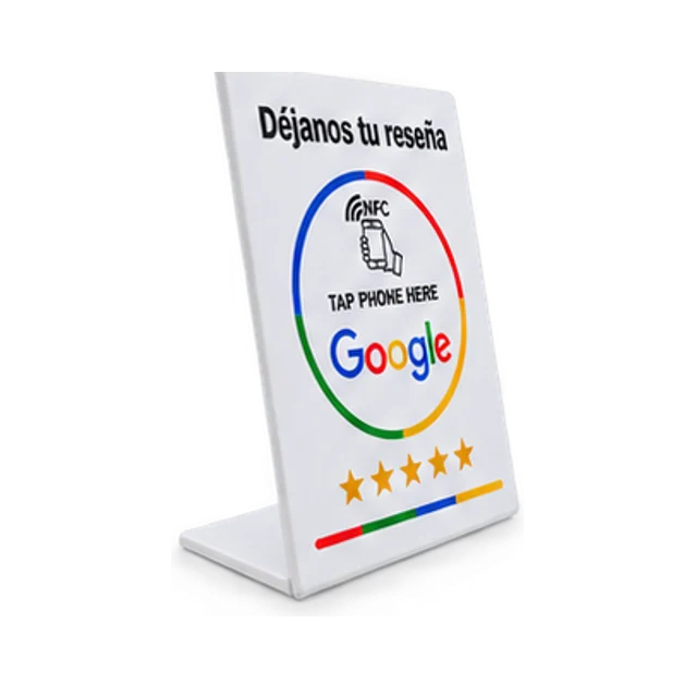 Expositor de reseñas NFC de sobremesa, visto en tres cuartos